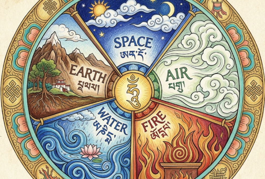 Les 5 éléments en Sowa Rigpa : terre, eau, feu, air et espace