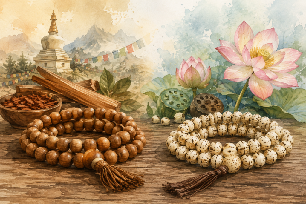 mala en bois de santal et en graines de lotus